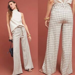 Windowpane Plaid Wide-Leg Trousers